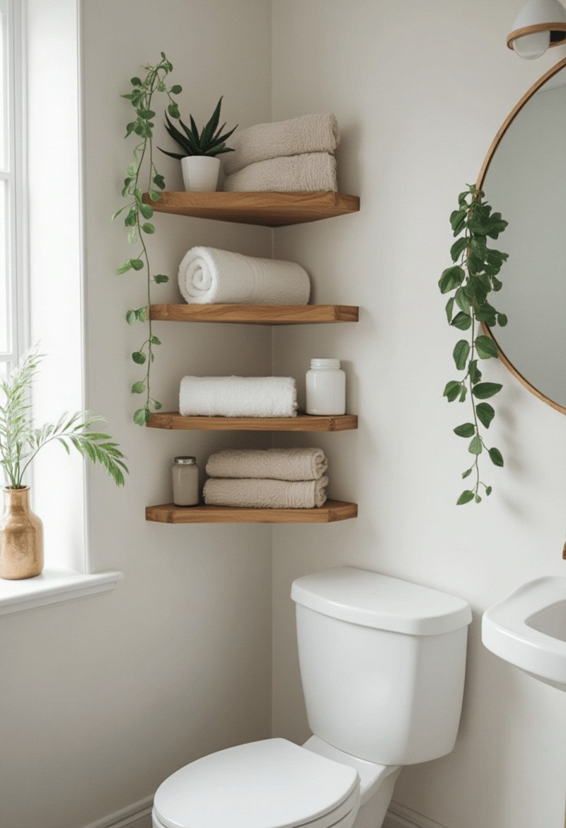 small bathroom ideas corner shelves