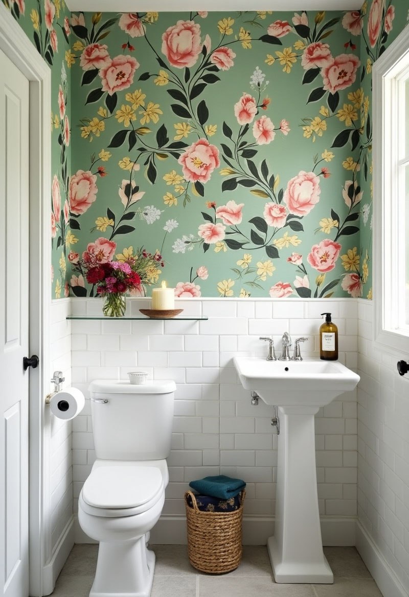 small bathroom ideas floral wallpaper