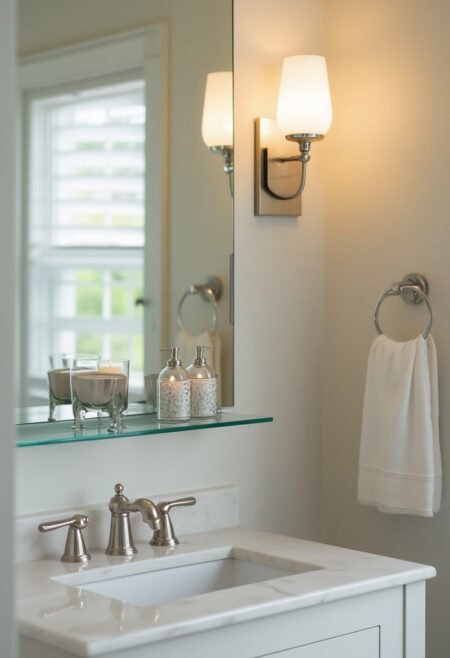 small bathroom storage glass shelf below mirror