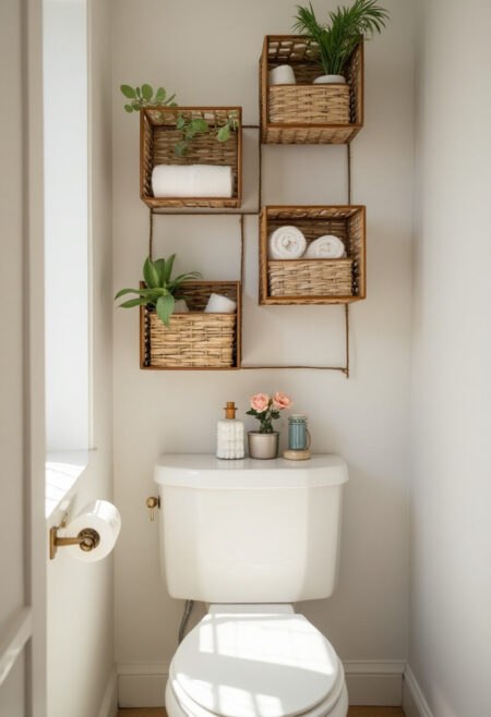 small bathroom storage wall mounted baskets above toilet